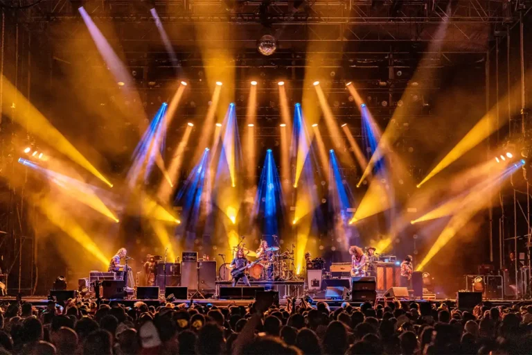 A wide angle photo of My Morning Jacket on the Concert Courtyard Main Stage.