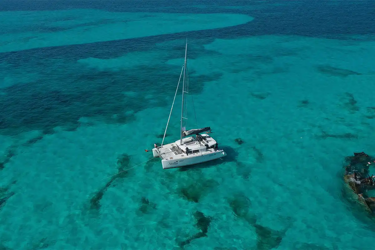 An aerial view of a catamaran in the ocean.
