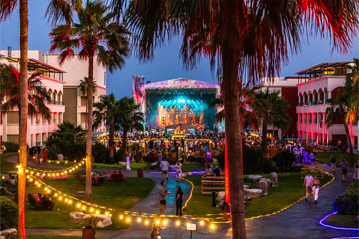 A view of the Concert Courtyard with the Main Stage in the background during sunset.