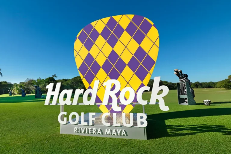 A Hard Rock Golf Club sign on the course.