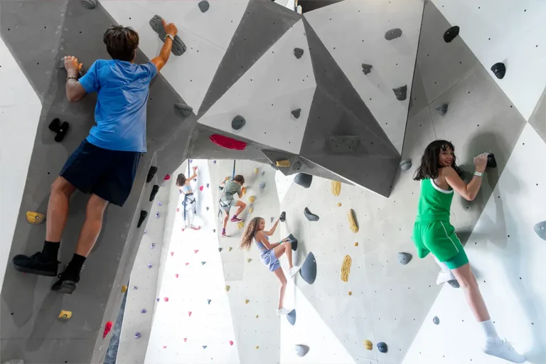 Kids climbing a rock wall.
